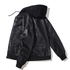 Detail view of the black PU leather texture and knit hood on this men's biker jacket