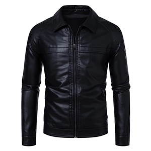 Detail view of black PU leather jacket featuring classic lapel collar and zip pockets