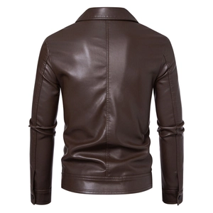 Detail view showing back stitching and collar of deep brown PU leather motorcycle jacket