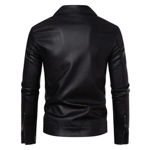 Detailed back view of a slim-fit black PU leather jacket featuring cuff zippers