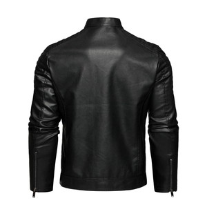 Detailed back view of men's leather jacket featuring quilted shoulders and zipper cuffs