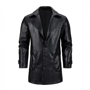 Men Mid Length PU Leather Jacket Vintage Suit Collar Single Breasted Windbreaker Coat Casual Business Outwear For Men