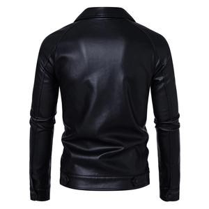 Rear view of black slim fit PU leather jacket featuring detailed hem and cuff fasteners