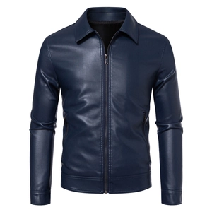 Detail of dark blue PU leather jacket showing classic lapel and smooth zipper closure