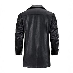Men's mid-length black PU leather coat with tailored back seams and notched collar