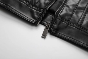 Close-up of black PU leather jacket featuring metal zipper and detailed stitching texture