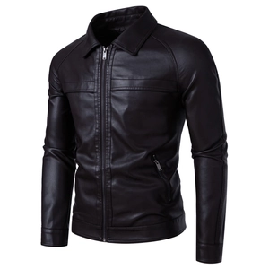 Close-up of black PU leather motorcycle jacket featuring lapel collar and metal zipper details