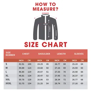 Detailed size guide table for men's PU leather racing jacket from size S to XXXL