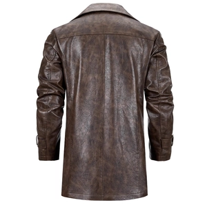 Men's vintage brown PU leather trench coat with classic lapel and back stitching detail