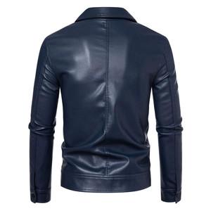 Detail view of navy blue PU leather jacket back featuring central seam and lapel collar