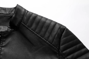 Detail of a black biker jacket showing the mandarin collar and quilted shoulder textures