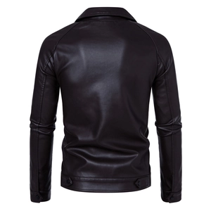 Rear view of men's faux leather biker jacket with shoulder stitching and adjustable hem