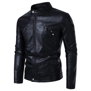 Detail of black PU leather biker jacket featuring a stand collar with metallic snap button
