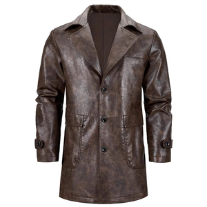 Men's retro dark brown mid-length PU leather trench coat with notched lapel and pockets