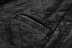 Close-up of quilted diamond pattern and premium PU leather stitching on hooded jacket