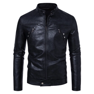 Front view of black PU leather motorcycle jacket with stand collar and zipper pockets