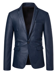 Detail of navy blue men's PU leather jacket blazer showing smooth texture and lapel