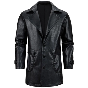 Mens mid-length black PU leather jacket with classic notch lapel and three-button closure