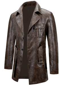 Men's Mid Length PU Leather Trench Coat Classic Lapel Single Breasted Windbreaker With Belt Casual British Style Outerwear