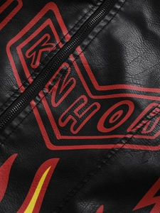 Men's black PU leather motorcycle jacket featuring red racing prints and front zipper