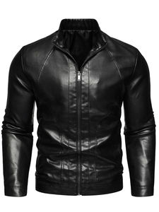 Men's Motorcycle PU Leather Jacket With Stand Collar Slim Fit Long Sleeve Casual Zip Up Fashion Outerwear Jacket For Men