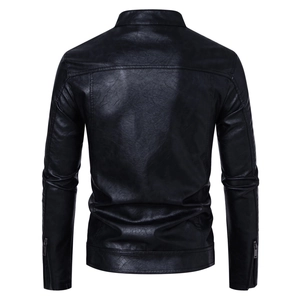 Rear view of black PU leather motorcycle jacket showing shoulder seams and zipper cuffs