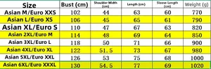 Detailed size chart for men's PU leather biker jacket with EU and Asian measurements