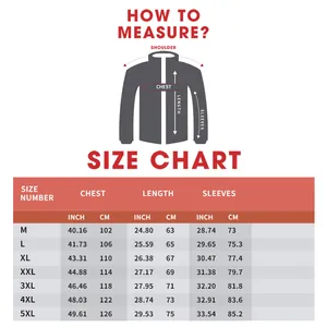 Detailed size chart for men PU leather jacket showing chest and length in cm and inches