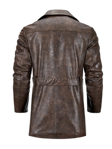 Men's dark brown mid-length PU leather trench coat with vintage texture and lapel