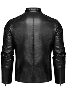 Men's black motorcycle faux leather jacket with stand collar and back seam details