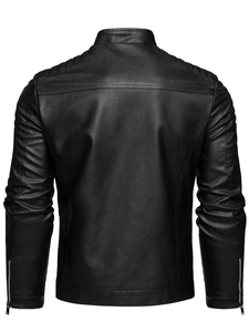 Men's loose fit black PU leather bomber jacket with stand collar and back stitching