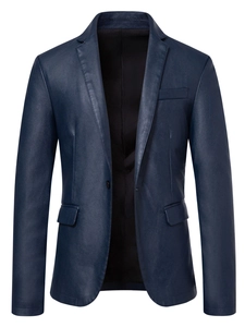 Detailed view of navy blue PU leather blazer jacket with notched lapel and matte finish