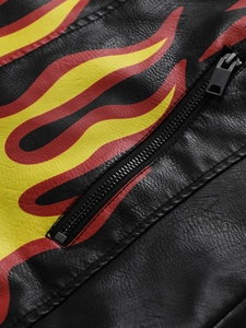 Men's black PU leather biker jacket with vibrant red and yellow flame pattern and side zipper