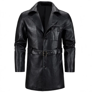 Men Vintage Mid-length PU Leather Trench Coat Notch Lapel Single Breasted Windproof Jacket With Belt Casual Business Outerwear