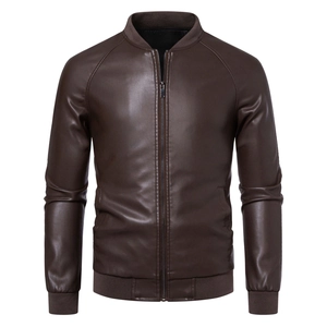 Close-up of ribbed cuffs and metal zipper detail on brown PU leather bomber jacket