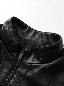 Men's black PU leather motorcycle jacket featuring a sleek stand collar and metal zipper