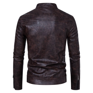 Back view of dark brown men's PU leather jacket with stand collar and vintage texture