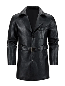 Men's mid-length black PU leather trench coat with waist belt and lapel collar