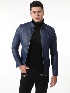 Men's dark blue PU leather jacket with quilted shoulder details and standing collar