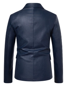 Slim fit dark blue PU leather blazer jacket for men with a clean minimalist back view