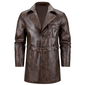 Classic men's mid-length dark brown PU leather trench coat with notched lapel and belt