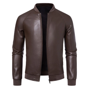 Detail view of the ribbed stand collar and zipper on this men's dark brown PU leather jacket