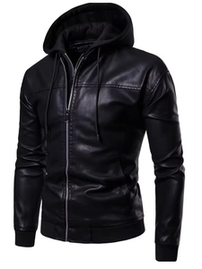 Men's Casual Hooded PU Leather Jacket Removable Hood Moto Biker Faux Leather Coat Windproof Warm Outerwear