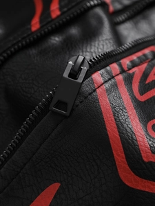 Men's black PU leather biker jacket featuring a modern red artistic print and metal zipper