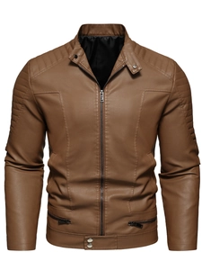 Men Biker Jacket Stand Collar PU Leather Quilted Shoulder Zipper Pockets Slim Fit Washed Faux Leather Coat For Men Daily Wear