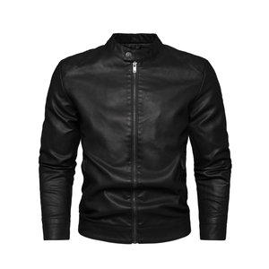 Detailed close-up of high-quality black PU leather motorcycle jacket with stand collar