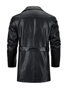Mens mid-length black PU leather trench coat featuring back waist belt detail and lapel