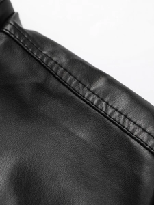 Men's motorcycle PU leather jacket with stand collar and detailed stitching in black