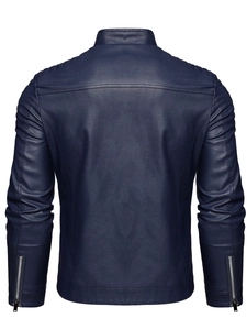 Men's navy blue PU leather jacket with quilted shoulders and stand collar back view