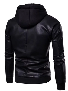 Back view of men's black hooded PU leather motorcycle jacket with ribbed cuffs and hem